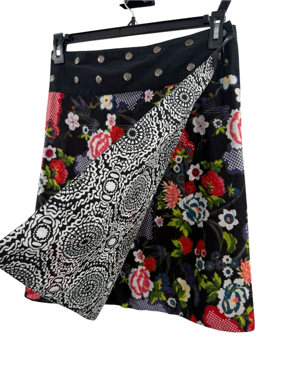 Pacap Reversible Floral Patchwork Mini Skirt Studded Waist Boho Lux Y2K Festival